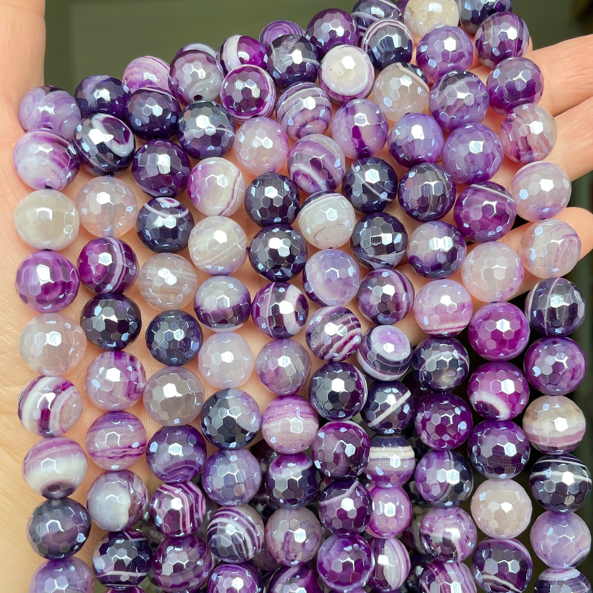 10, 12mm Electroplated Purple Banded Agate Stone Faceted Beads-Grade A Premium Quality Electroplated Beads 12mm Stone Beads New Beads Arrivals Premium Quality Agate Beads Charms Beads Beyond