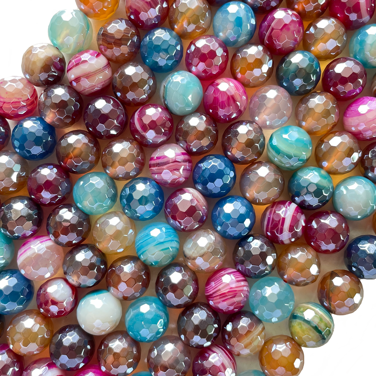 10, 12mm Electroplated Multicolor Banded Agate Stone Faceted Beads-Grade A Premium Quality Electroplated Beads 12mm Stone Beads New Beads Arrivals Premium Quality Agate Beads Charms Beads Beyond