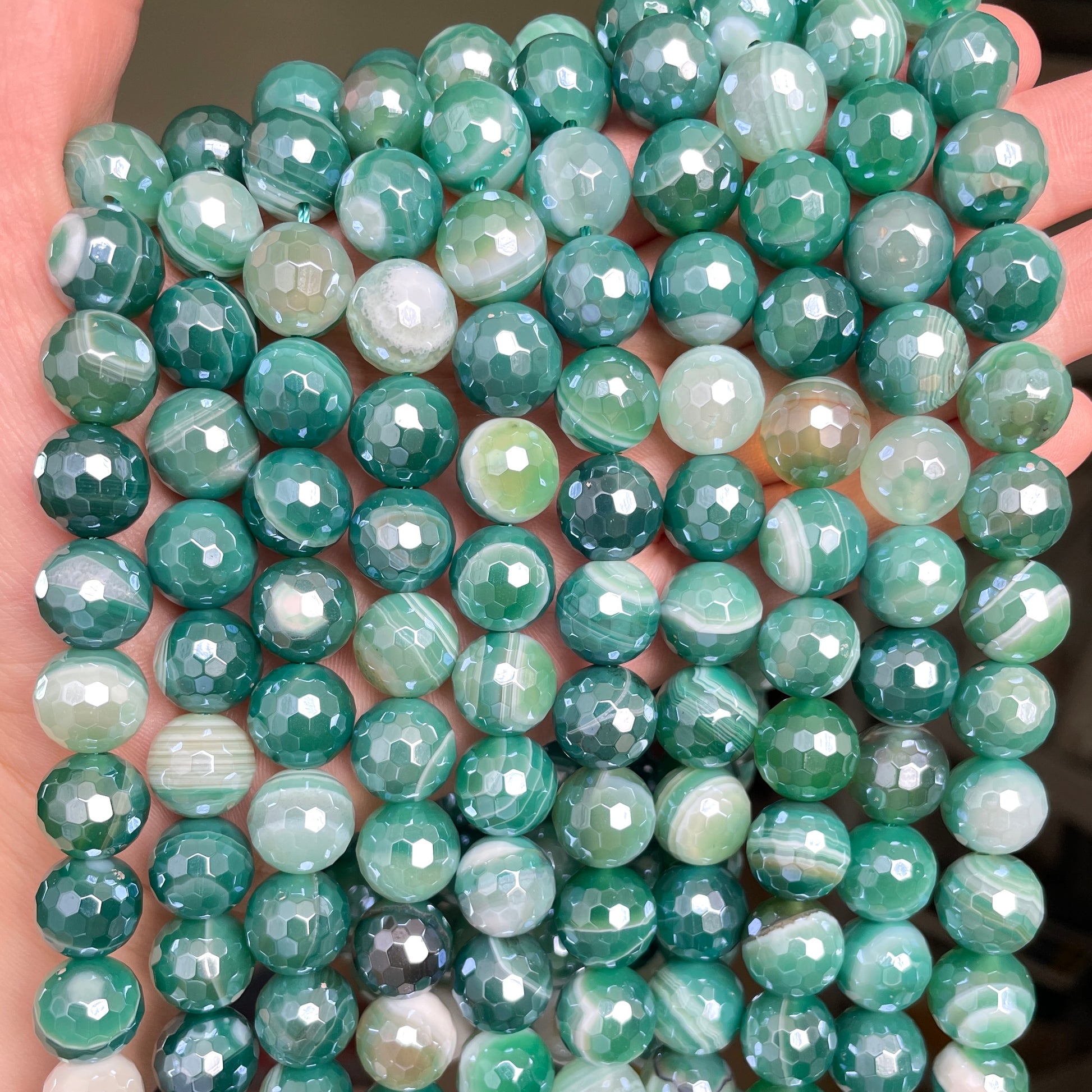10, 12mm Electroplated Green Banded Agate Stone Faceted Beads-Grade A Premium Quality Electroplated Beads 12mm Stone Beads New Beads Arrivals Premium Quality Agate Beads Charms Beads Beyond