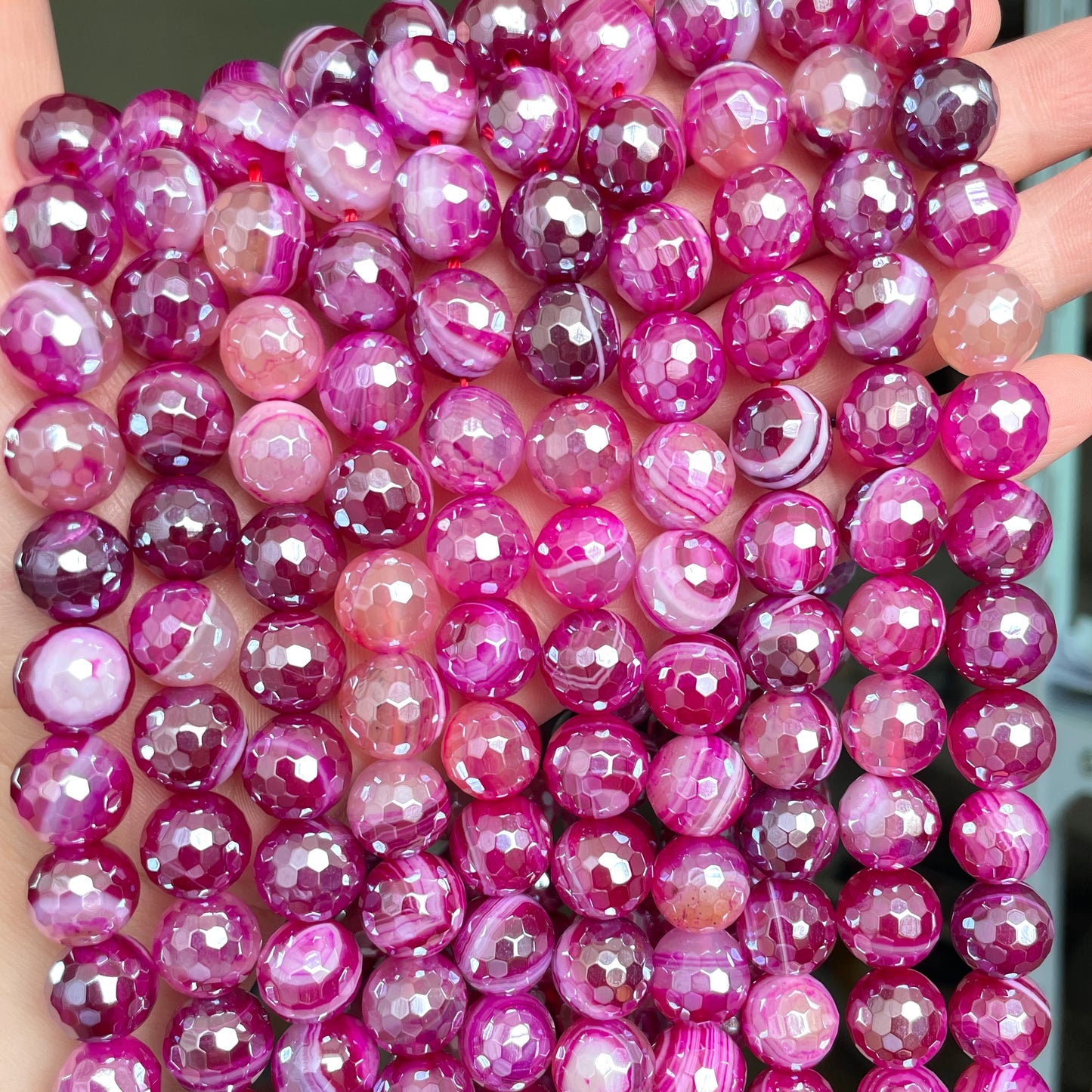 10, 12mm Electroplated Fuchsia Banded Agate Stone Faceted Beads-Grade A Premium Quality Electroplated Beads 12mm Stone Beads Breast Cancer Awareness New Beads Arrivals Premium Quality Agate Beads Charms Beads Beyond