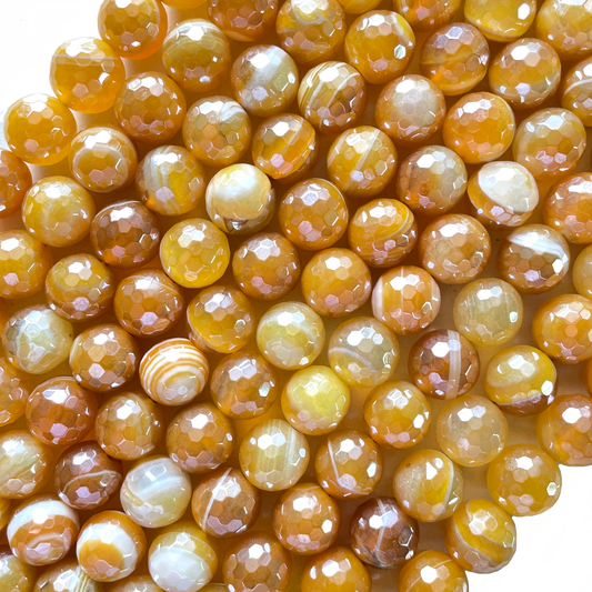 10, 12mm Electroplated Yellow Banded Agate Stone Faceted Beads-Grade A Premium Quality Electroplated Beads 12mm Stone Beads New Beads Arrivals Premium Quality Agate Beads Charms Beads Beyond