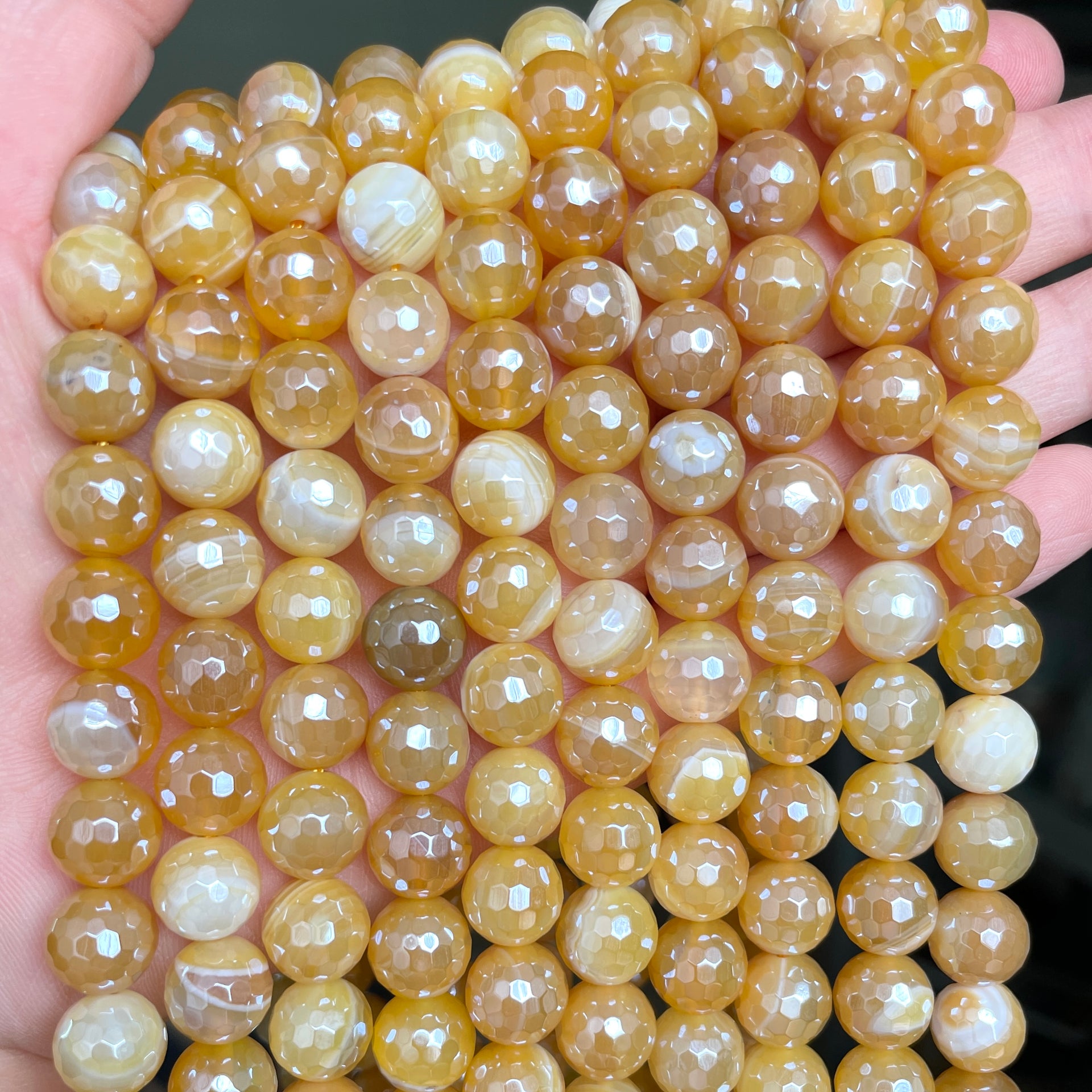Faceted Natural Agate Stone Bead Bracelet Set with Brushed Gold Ball- 12mm