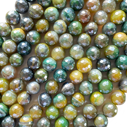 10, 12mm Electroplated Green Yellow Banded Agate Stone Faceted Beads-Grade A Premium Quality Electroplated Beads 12mm Stone Beads New Beads Arrivals Premium Quality Agate Beads Charms Beads Beyond