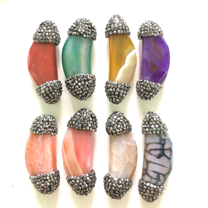 3pcs/lot 45*18mm Rhinestone Paved Agate Spacers Agate Spacers Focal Beads Charms Beads Beyond