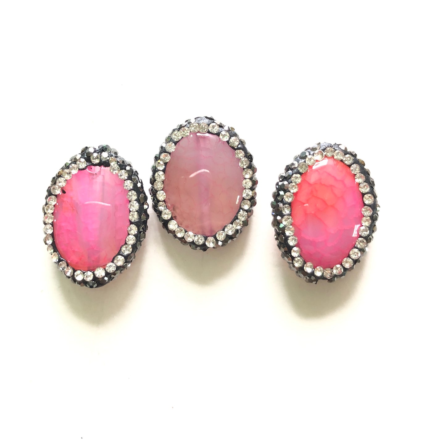 3pcs/lot 20*17mm Rhinestone Paved Oval Agate Spacers Pink Agate Spacers Focal Beads Charms Beads Beyond