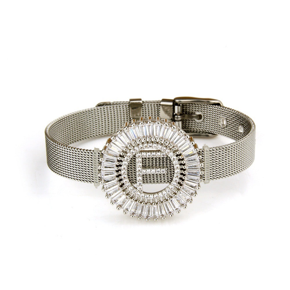 10pcs/lot CZ Paved Initial Alphabet Charm Stainless Steel Bracelet -Silver Women Bracelets Charms Beads Beyond