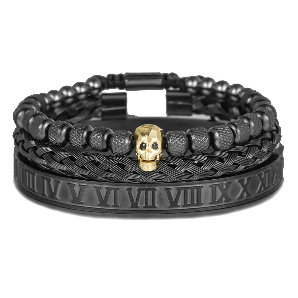 3pcs/Set Skull Bracelet & Roman Numeral Stainless Steel Bangle Set All Black + Gold Skull Men Bracelets Charms Beads Beyond