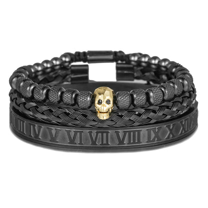 3pcs/Set Skull Bracelet & Roman Numeral Stainless Steel Bangle Set All Black + Gold Skull Men Bracelets Charms Beads Beyond