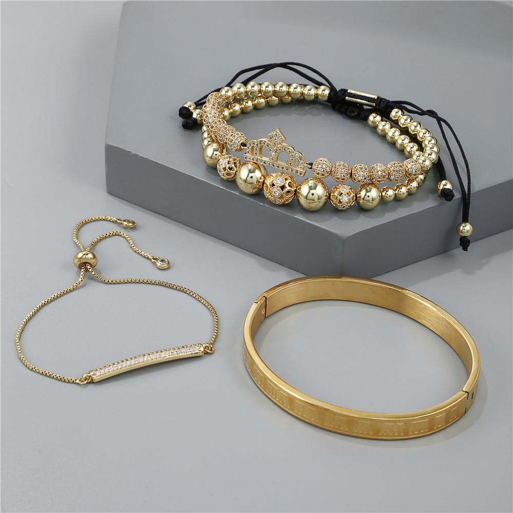 4pcs/set CZ Paved Crown Bracelet & Bangle Set Men Bracelets Charms Beads Beyond