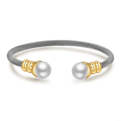 5pcs/lot Stainless Steel Pearl Open Bangle for Women Silver Gold-5pcs Women Bracelets Charms Beads Beyond