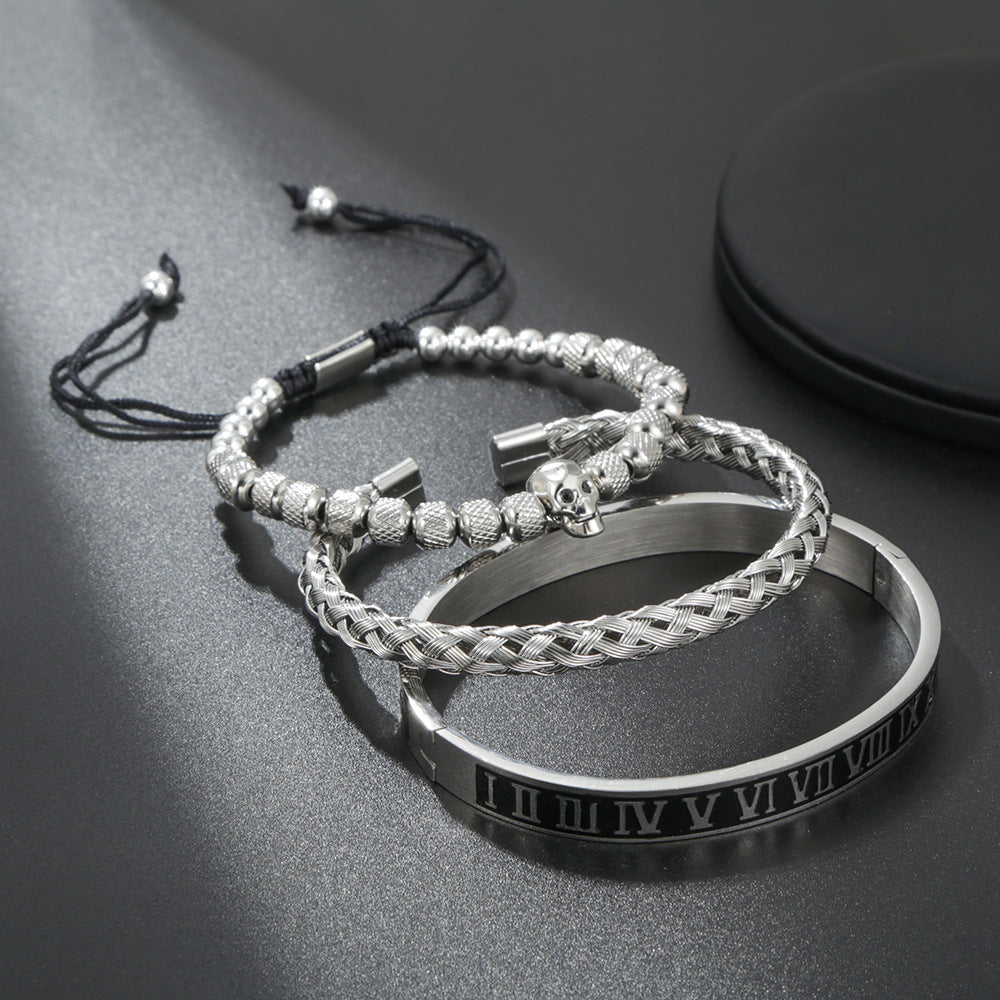 3pcs/Set Skull Bracelet & Roman Numeral Stainless Steel Bangle Set Men Bracelets Charms Beads Beyond