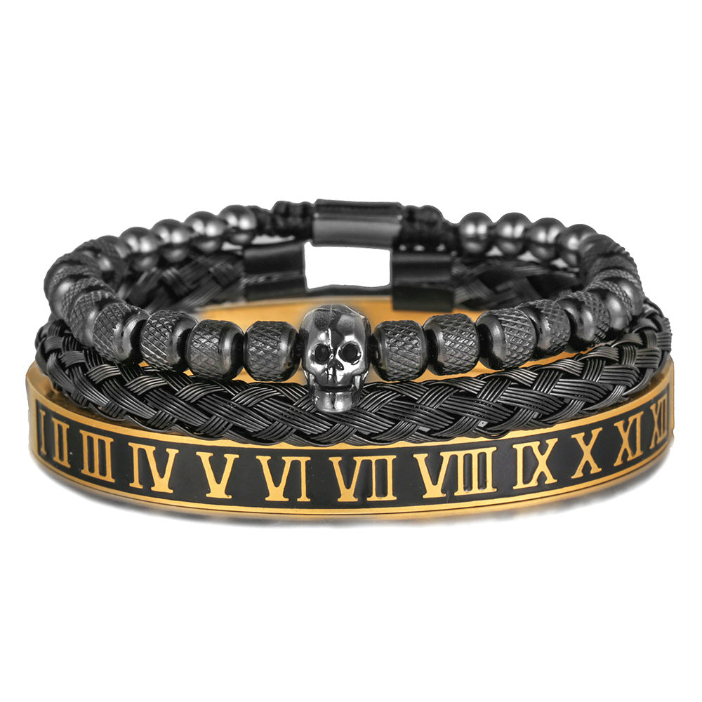 3pcs/Set Skull Bracelet & Roman Numeral Stainless Steel Bangle Set Gold+Black Set Men Bracelets Charms Beads Beyond