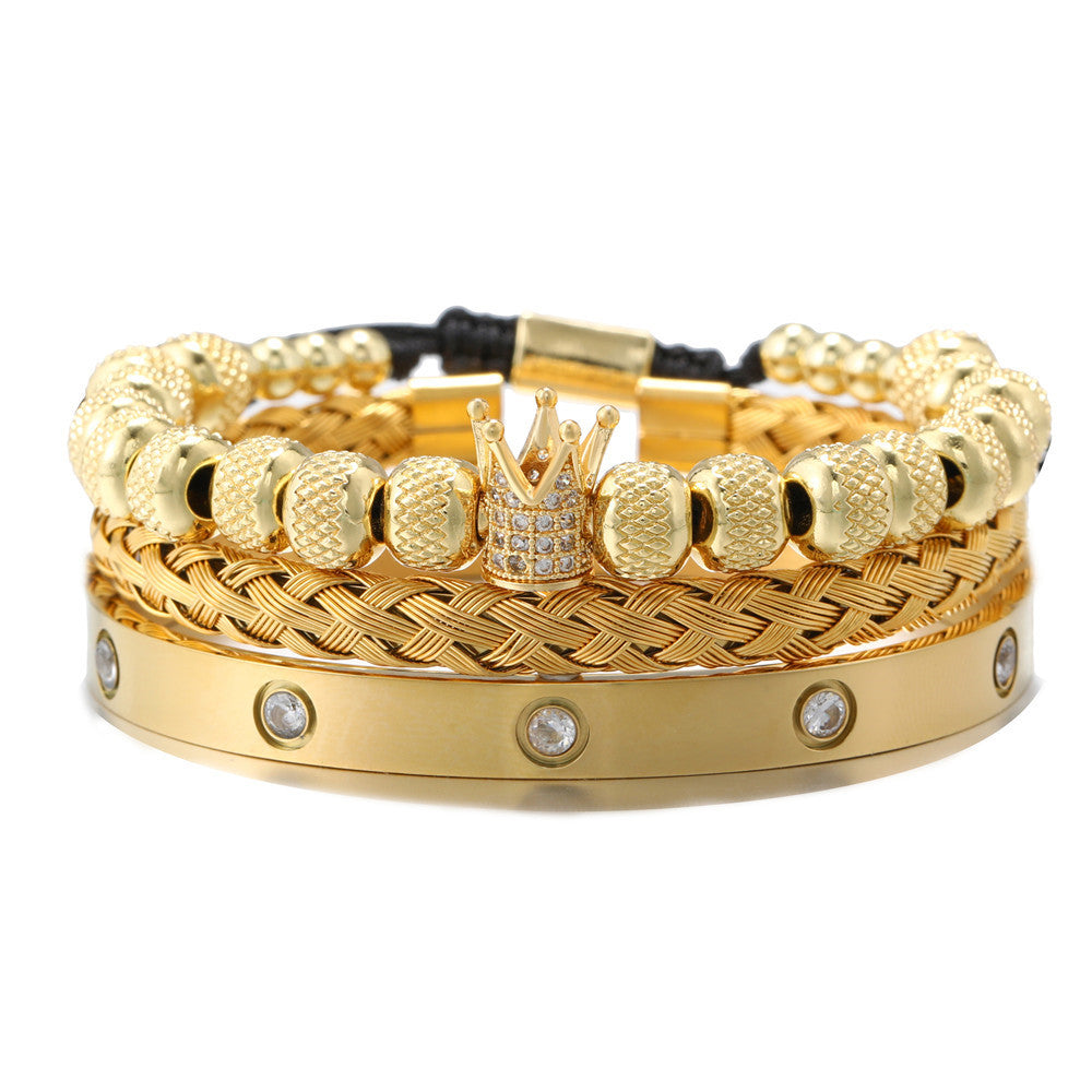 3pcs/Set CZ Paved Crown Bracelet & Crystal Stainless Steel Bangle Set All Gold Set Men Bracelets Charms Beads Beyond