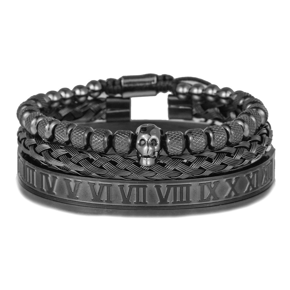 3pcs/Set Skull Bracelet & Roman Numeral Stainless Steel Bangle Set All Black Set Men Bracelets Charms Beads Beyond