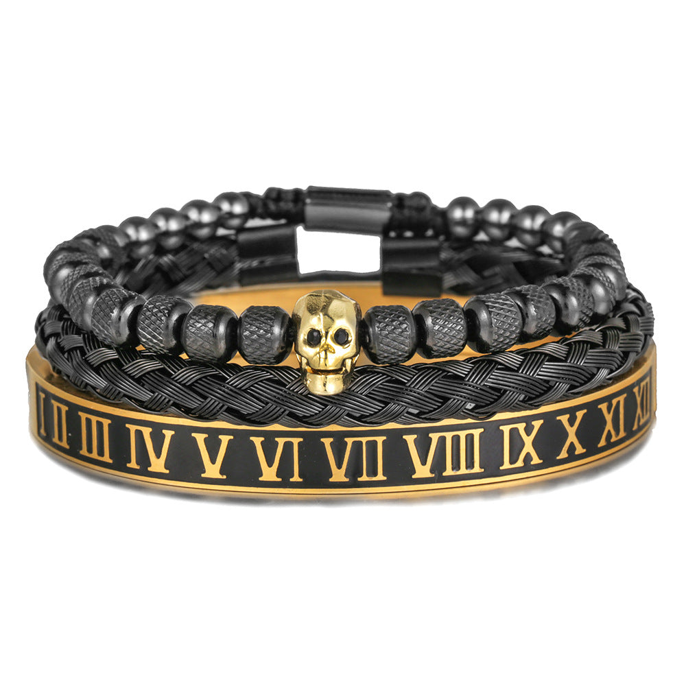 3pcs/Set Skull Bracelet & Roman Numeral Stainless Steel Bangle Set Black+Gold Set Men Bracelets Charms Beads Beyond