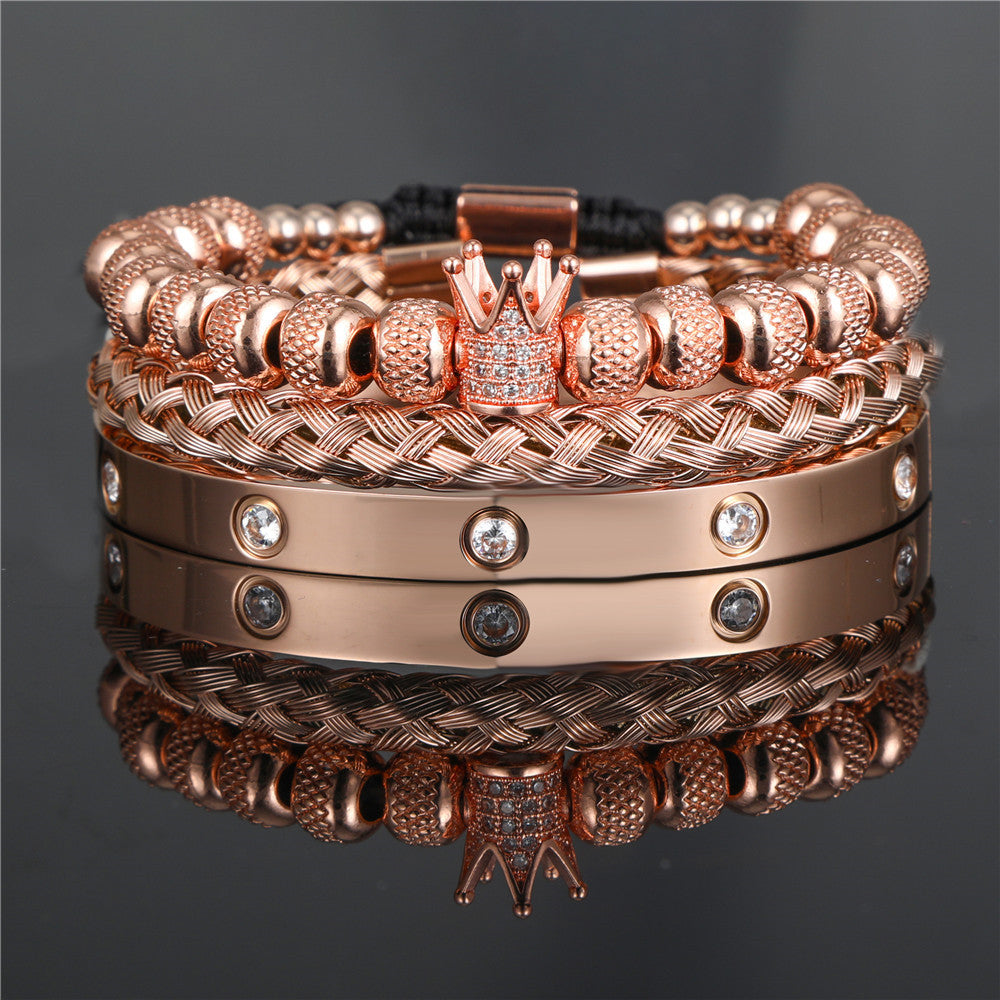 3pcs/Set CZ Paved Crown Bracelet & Crystal Stainless Steel Bangle Set All Rose Gold Set Men Bracelets Charms Beads Beyond