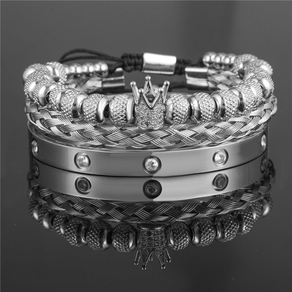 3pcs/Set CZ Paved Crown Bracelet & Crystal Stainless Steel Bangle Set All Silver Set Men Bracelets Charms Beads Beyond