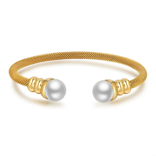 5pcs/lot Stainless Steel Pearl Open Bangle for Women Gold-5pcs Women Bracelets Charms Beads Beyond