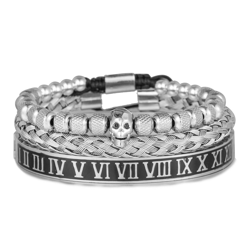 3pcs/Set Skull Bracelet & Roman Numeral Stainless Steel Bangle Set Silver+Black Set Men Bracelets Charms Beads Beyond