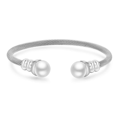 5pcs/lot Stainless Steel Pearl Open Bangle for Women Silver-5pcs Women Bracelets Charms Beads Beyond