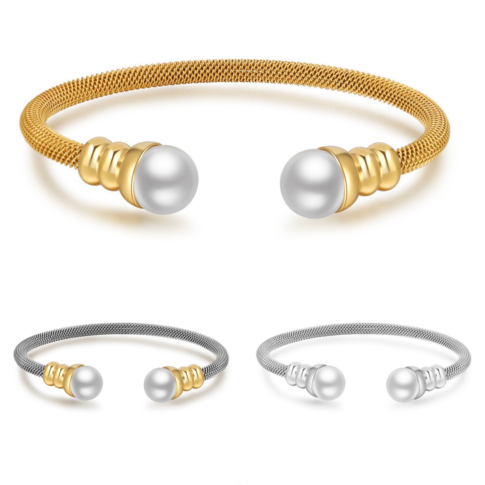 5pcs/lot Stainless Steel Pearl Open Bangle for Women Mix Color-5pcs Women Bracelets Charms Beads Beyond