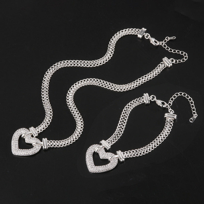 2pcs/lot CZ Paved Heart Chain Necklace + Bracelet Set Silver 1 Bracelet+ 1 Necklace Women Bracelets Charms Beads Beyond