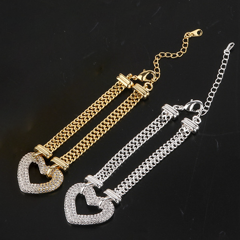 2pcs/lot CZ Paved Heart Chain Necklace + Bracelet Set Mix Gold+Silver 2 Bracelets Women Bracelets Charms Beads Beyond