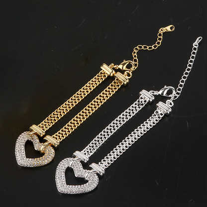 2pcs/lot CZ Paved Heart Chain Necklace + Bracelet Set Mix Gold+Silver 2 Bracelets Women Bracelets Charms Beads Beyond
