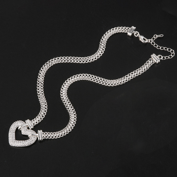 2pcs/lot CZ Paved Heart Chain Necklace + Bracelet Set Silver 2 Necklaces Women Bracelets Charms Beads Beyond