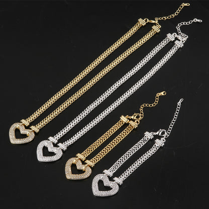 2pcs/lot CZ Paved Heart Chain Necklace + Bracelet Set Women Bracelets Charms Beads Beyond