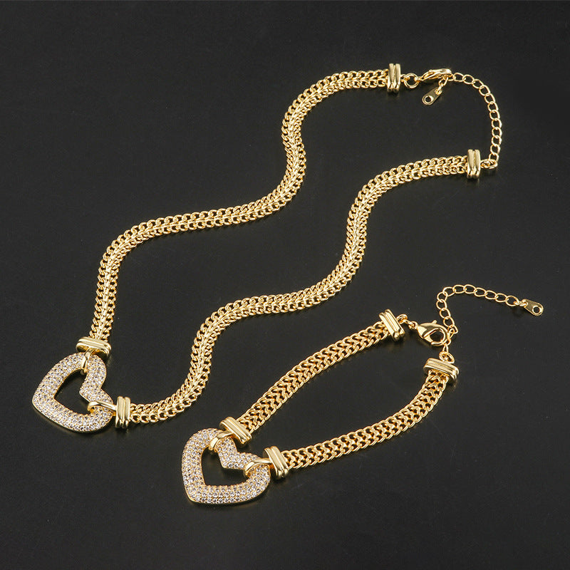 2pcs/lot CZ Paved Heart Chain Necklace + Bracelet Set Gold 1 Bracelet+ 1 Necklace Women Bracelets Charms Beads Beyond
