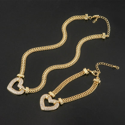 2pcs/lot CZ Paved Heart Chain Necklace + Bracelet Set Gold 1 Bracelet+ 1 Necklace Women Bracelets Charms Beads Beyond