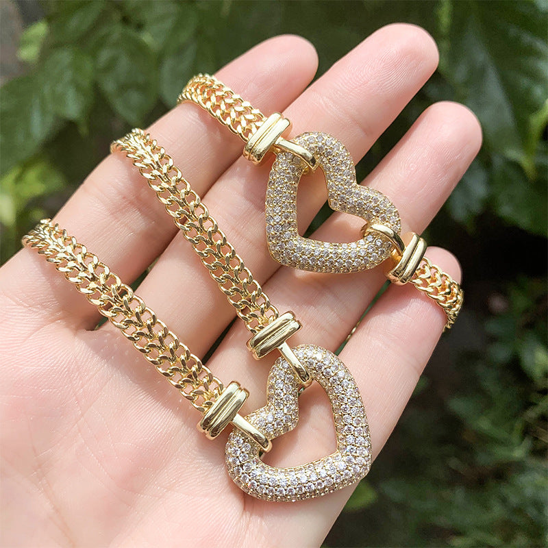 2pcs/lot CZ Paved Heart Chain Necklace + Bracelet Set Women Bracelets Charms Beads Beyond