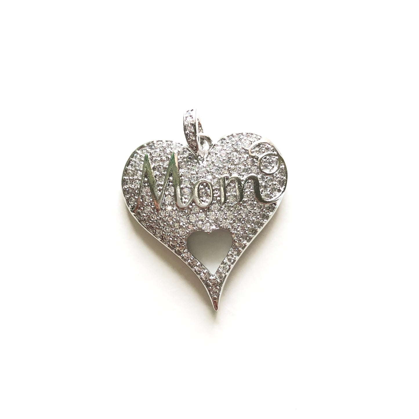 10pcs/lot 26*24.5mm CZ Paved Love Mom Heart Charms for Mother's Day Silver CZ Paved Charms Hearts Mother's Day Charms Beads Beyond