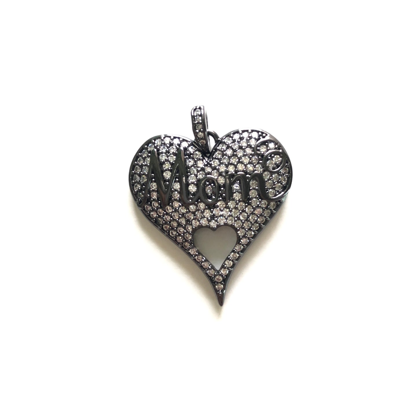 10pcs/lot 26*24.5mm CZ Paved Love Mom Heart Charms for Mother's Day Clear on Black CZ Paved Charms Hearts Mother's Day Charms Beads Beyond