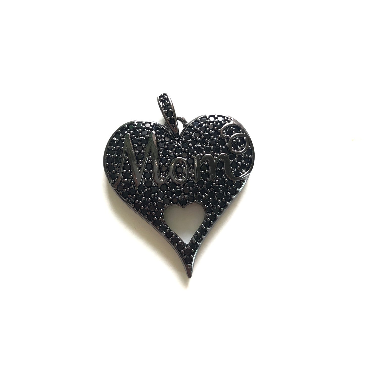 10pcs/lot 26*24.5mm CZ Paved Love Mom Heart Charms for Mother's Day Black on Black CZ Paved Charms Hearts Mother's Day Charms Beads Beyond