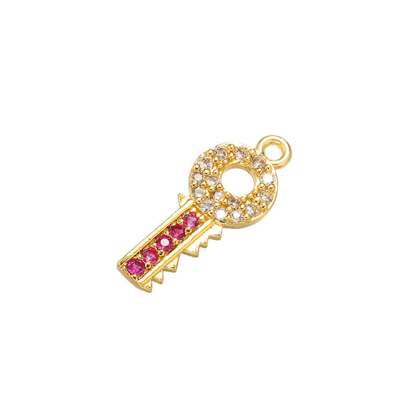 10pcs/lot 17*7mm CZ Paved Key Charms Fuchsia on Gold CZ Paved Charms Keys & Locks Small Sizes Charms Beads Beyond