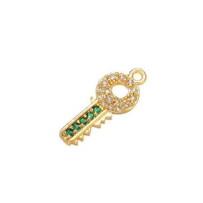 10pcs/lot 17*7mm CZ Paved Key Charms Green on Gold CZ Paved Charms Keys & Locks Small Sizes Charms Beads Beyond