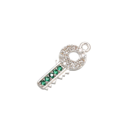 10pcs/lot 17*7mm CZ Paved Key Charms Green on Silver CZ Paved Charms Keys & Locks Small Sizes Charms Beads Beyond