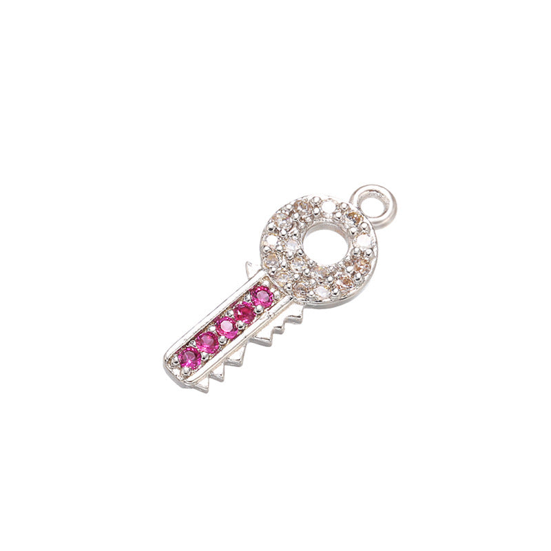 10pcs/lot 17*7mm CZ Paved Key Charms Fuchsia on Silver CZ Paved Charms Keys & Locks Small Sizes Charms Beads Beyond