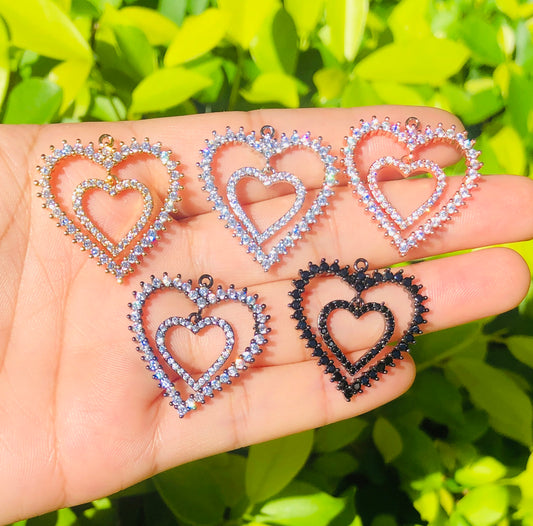10pcs/lot 27*26.5mm CZ Paved Double Heart Charms Mix Colors CZ Paved Charms Hearts On Sale Charms Beads Beyond