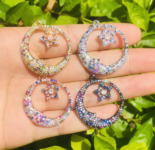 5pcs/lot 27mm Multicolor CZ Paved Moon & Star Charms Mix Color CZ Paved Charms Colorful Zirconia Large Sizes Sun Moon Stars Charms Beads Beyond