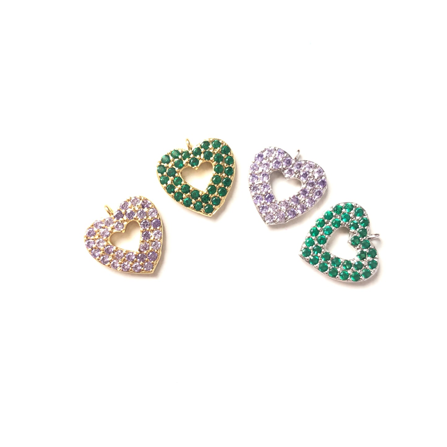 10pcs/lot 15*14mm Purple & Green CZ Paved Heart Charms CZ Paved Charms Colorful Zirconia Hearts Small Sizes Charms Beads Beyond