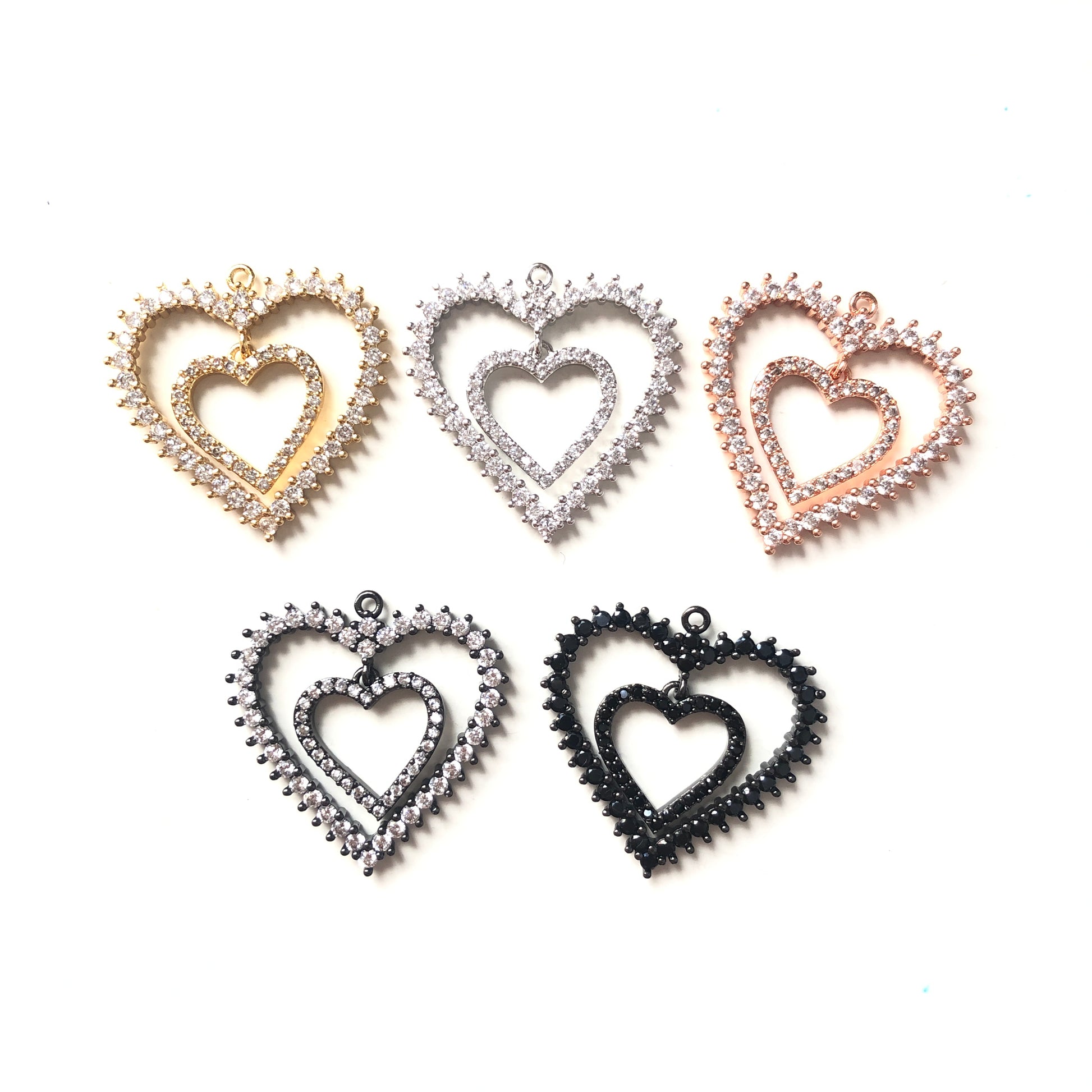 10pcs/lot 27*26.5mm CZ Paved Double Heart Charms CZ Paved Charms Hearts On Sale Charms Beads Beyond