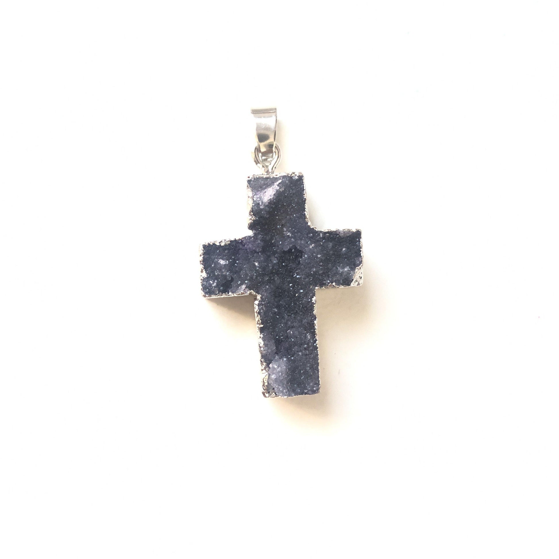 5pcs/lot 30x22mm Cross Natural Agate Druzy Charm-Silver Black on Silver Stone Charms Charms Beads Beyond