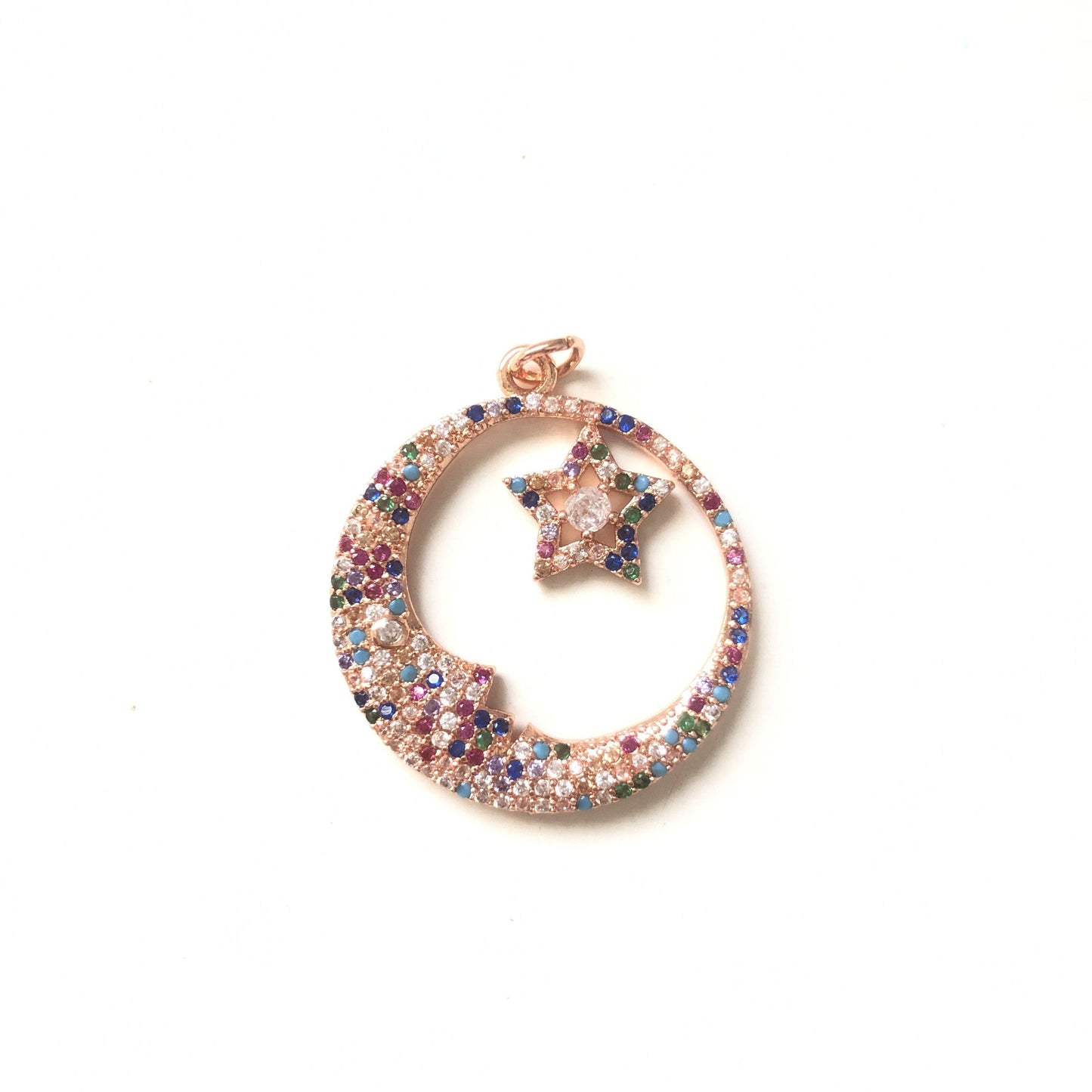 5pcs/lot 27mm Multicolor CZ Paved Moon & Star Charms Rose Gold CZ Paved Charms Colorful Zirconia Large Sizes Sun Moon Stars Charms Beads Beyond