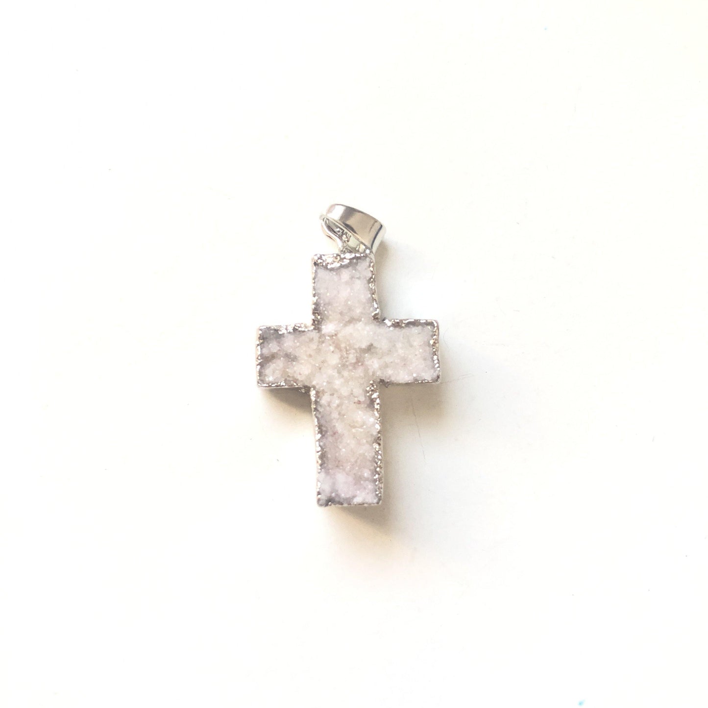 5pcs/lot 30x22mm Cross Natural Agate Druzy Charm-Silver White on Silver Stone Charms Charms Beads Beyond