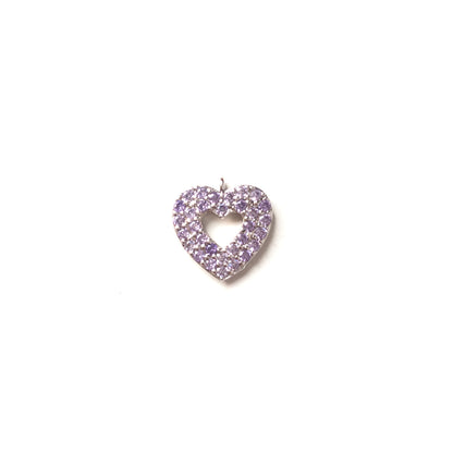 10pcs/lot 15*14mm Purple & Green CZ Paved Heart Charms Purple on Silver CZ Paved Charms Colorful Zirconia Hearts Small Sizes Charms Beads Beyond