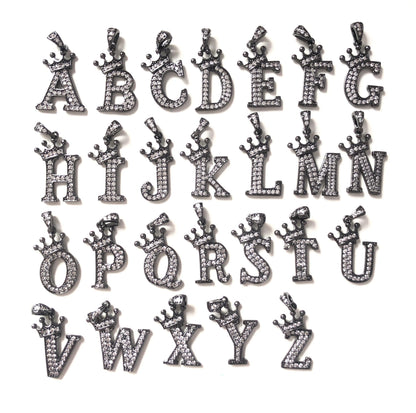 26pcs/lot 20mm CZ Paved Crown Initial Letter Alphabet Charms Black, 26pcs from A to Z CZ Paved Charms Initials & Numbers Charms Beads Beyond