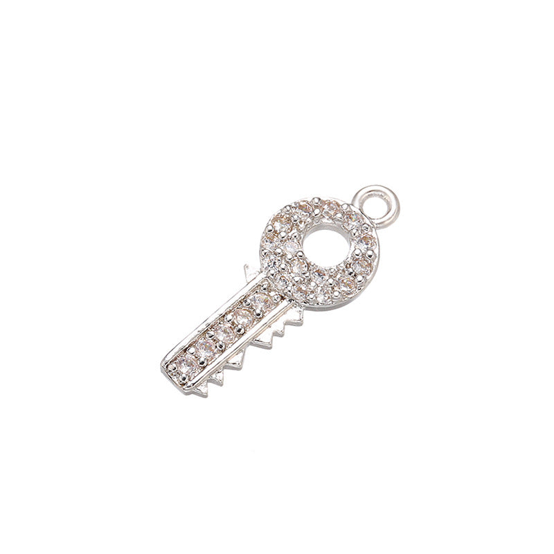 10pcs/lot 17*7mm CZ Paved Key Charms Clear on Silver CZ Paved Charms Keys & Locks Small Sizes Charms Beads Beyond